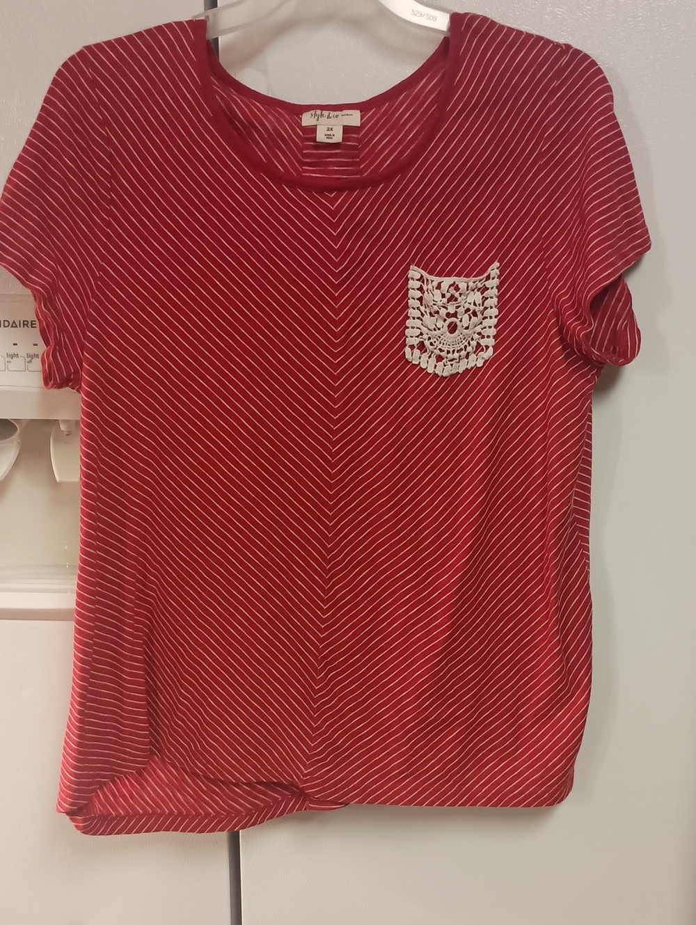 Style & Co. Red Striped Tee with White Crochet Pocket. W/Lace Up Back. Womens 2X